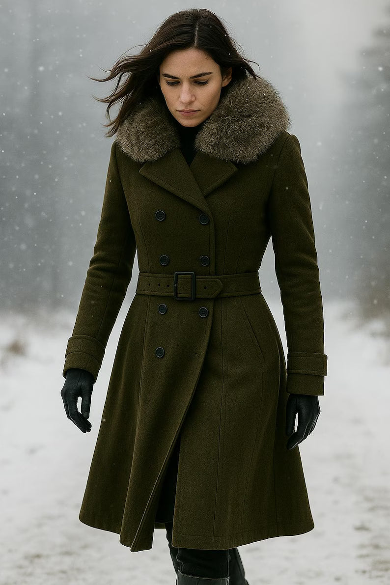 Handmade Wool Trench Coat: Olive Green, Fur Collar, Belted Winter Overcoat