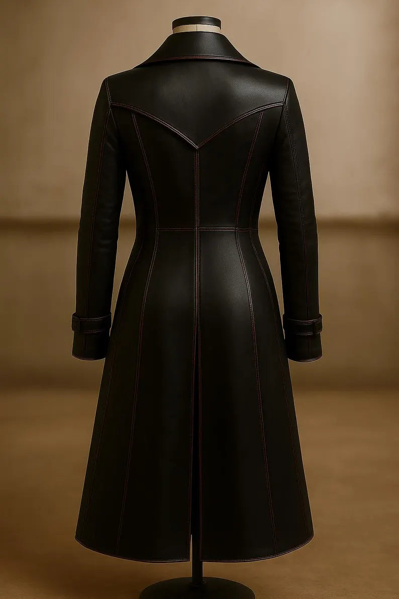 Genuine Leather Long Trench Coat: Women's Double-Breasted Gothic Overcoat