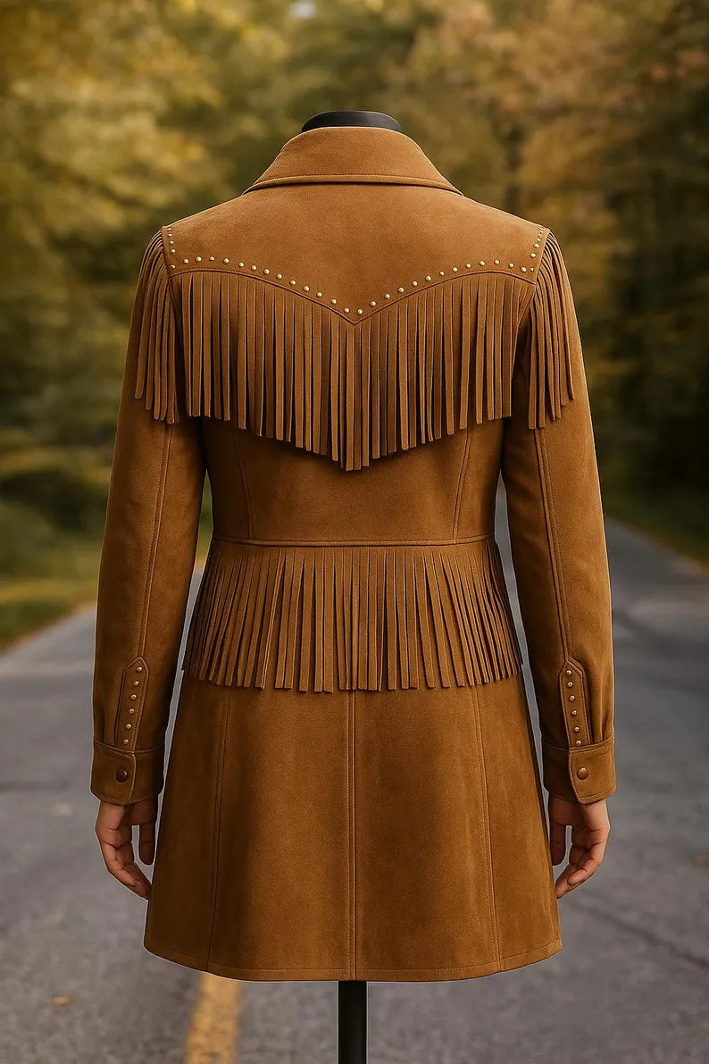 Women’s Studded Fringe Leather Jacket Western Cowgirl Boho Style Coat, Vintage Rodeo Festival Outfit