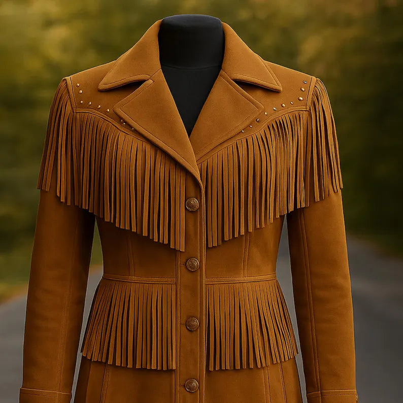 Women’s Studded Fringe Leather Jacket Western Cowgirl Boho Style Coat, Vintage Rodeo Festival Outfit