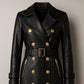 Handmade Black Leather Trench Coat: Gold Buttons, Belted Waist