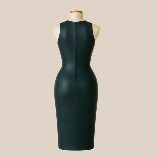 Handmade Black Leather Midi Dress: Sleeveless Bodycon Cocktail Outfit
