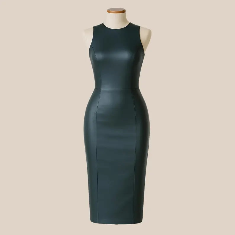 Handmade Black Leather Midi Dress: Sleeveless Bodycon Cocktail Outfit