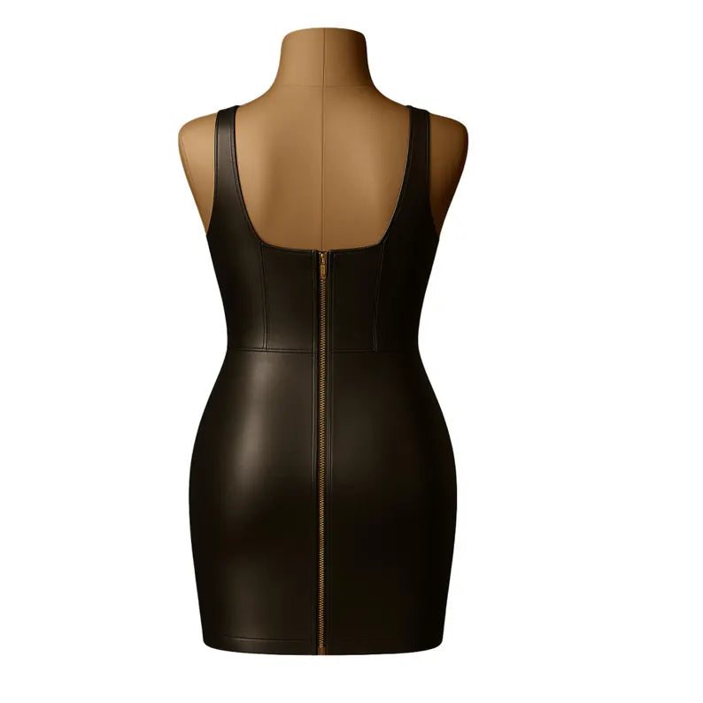 Handmade Brown Leather Bodycon Mini Dress: Belted Sleeveless Clubwear