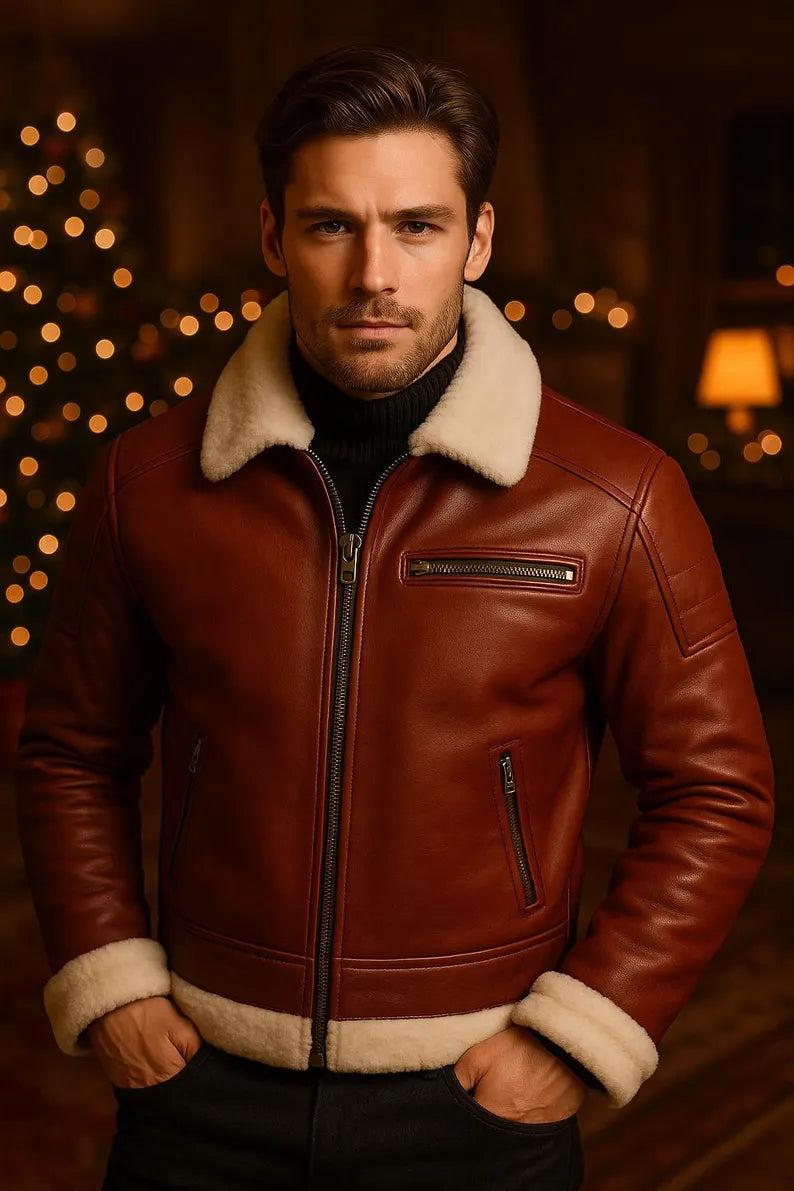 Handmade Red Leather Biker Jacket Slim Fit Winter Jacket Christmas Gift