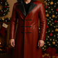Handmade Red Leather Trench Coat Men’s Genuine Overcoat Christmas Gift