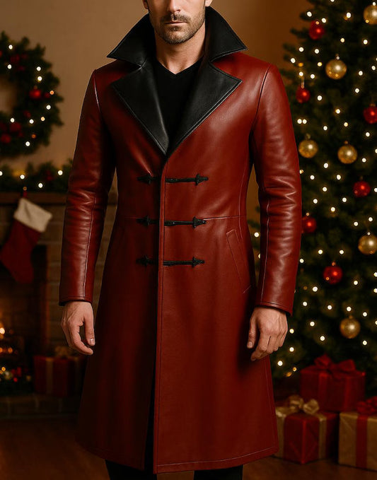 Handmade Red Leather Trench Coat Men’s Genuine Overcoat Christmas Gift