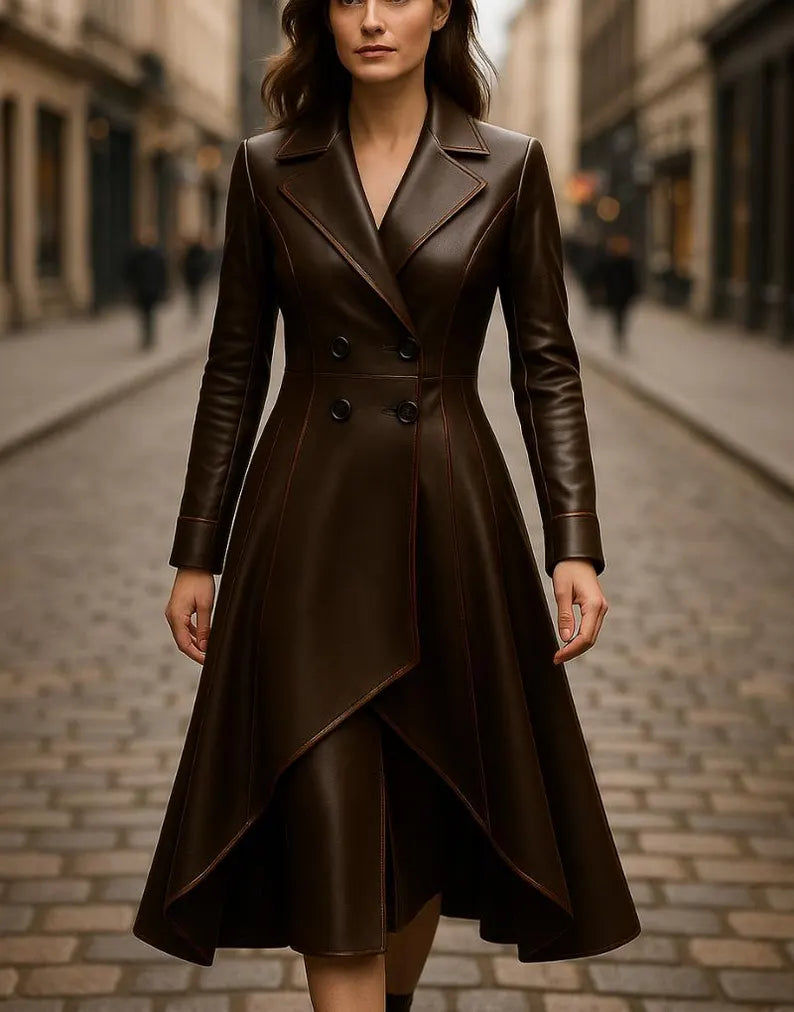 Handmade Brown Genuine Leather Trench Coat Dress: Elegant Long Coat