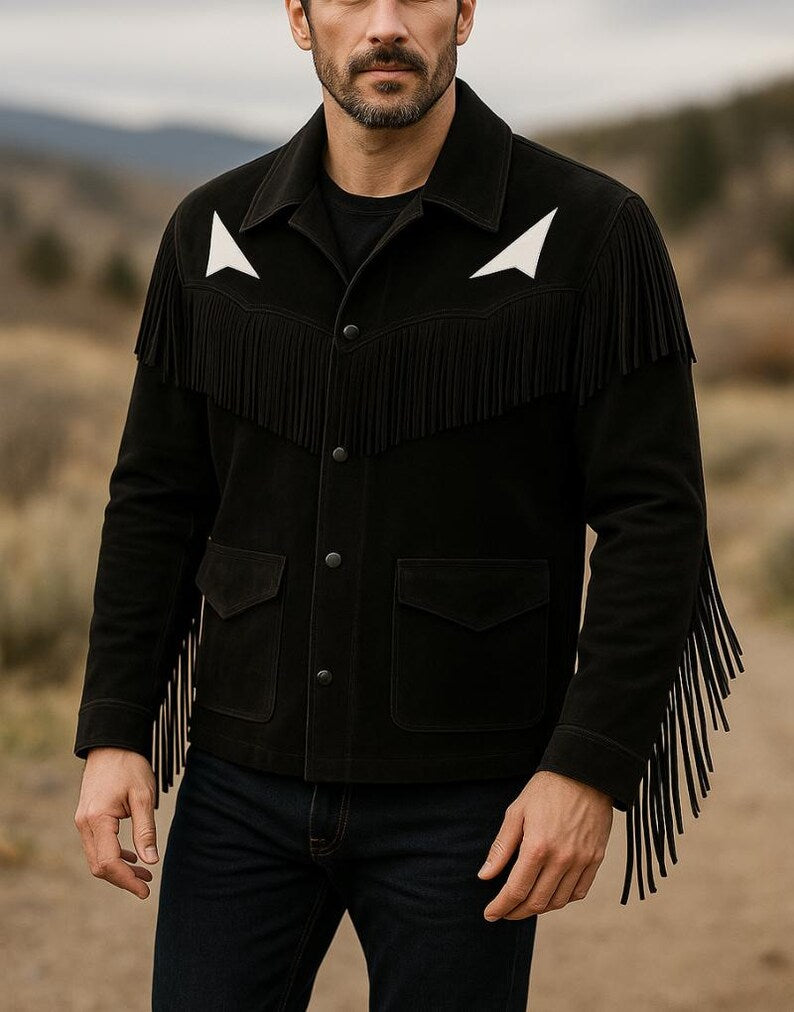 Handmade Leather Fringe Western Jacket for Men, Vintage Cowboy Style with Classic Fringe Design