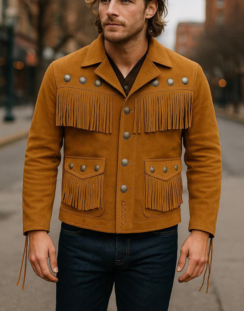Vintage Fringe Leather Mens Western Jacket, Handmade Cowboy Style Rodeo Outfit with Classic Look