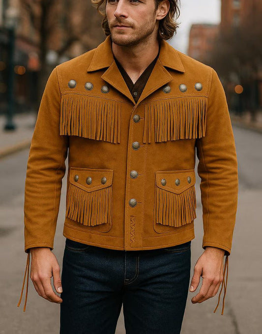 Vintage Fringe Leather Mens Western Jacket, Handmade Cowboy Style Rodeo Outfit with Classic Look