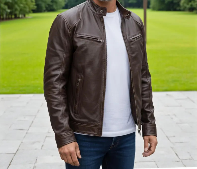 Handmade Vintage Style Leather Biker Jacket: Cowhide or Sheepskin