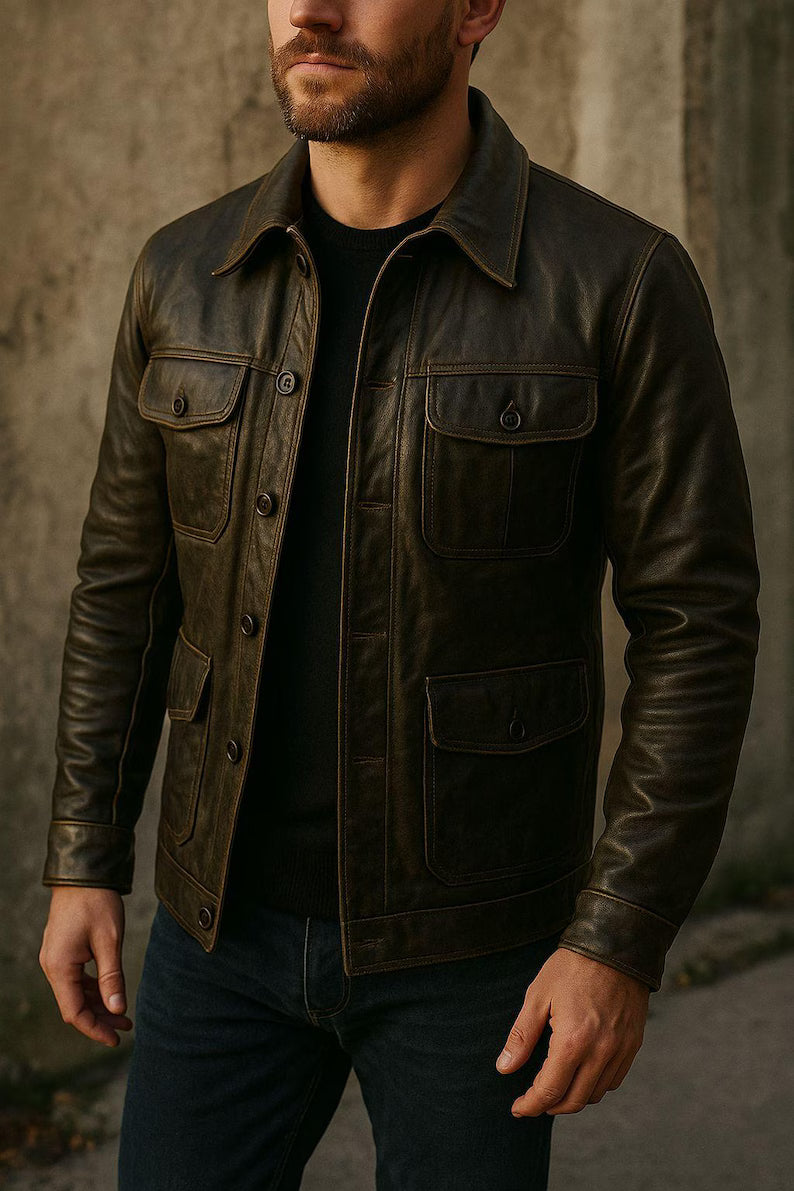 Handmade Men’s Leather Jacket – Vintage Four Pockets, Stylish Shirt Collar Leather Coat