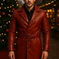 Handmade Red Leather Trench Coat Genuine Vintage Style Christmas Gift