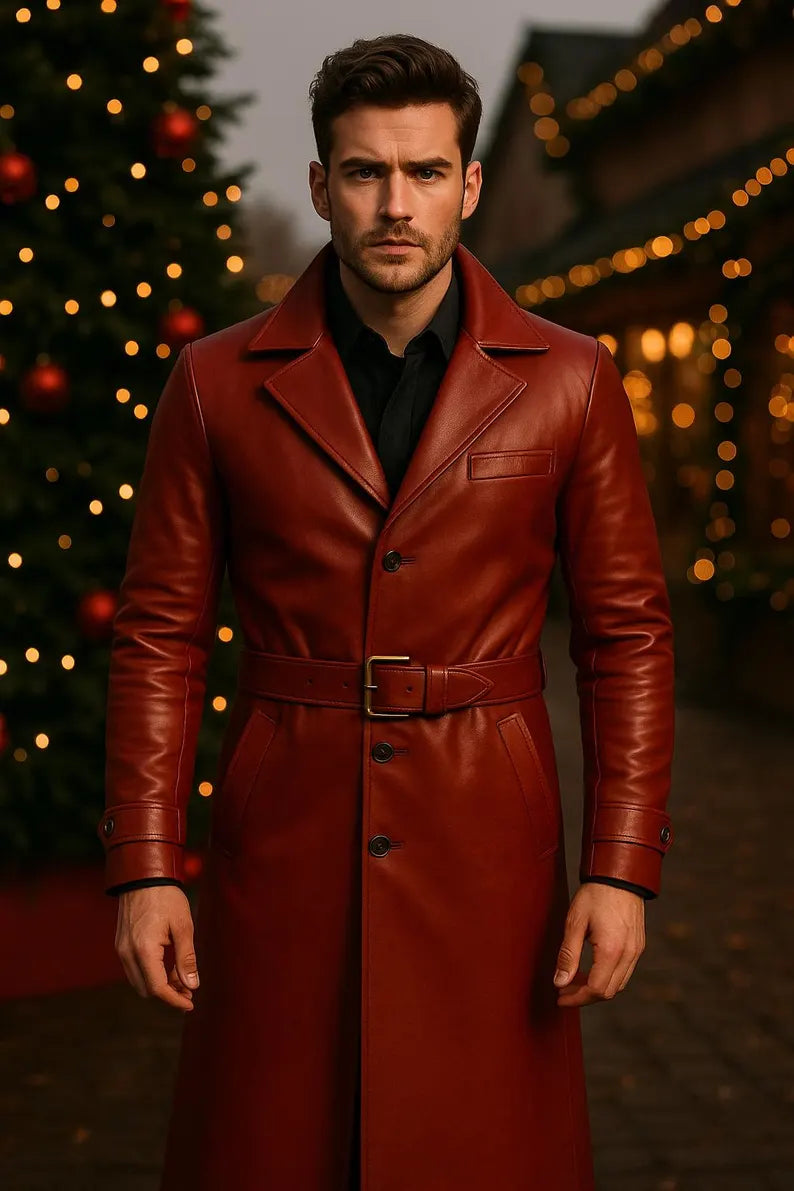 Handmade Red Leather Trench Coat Genuine Vintage Style Christmas Gift