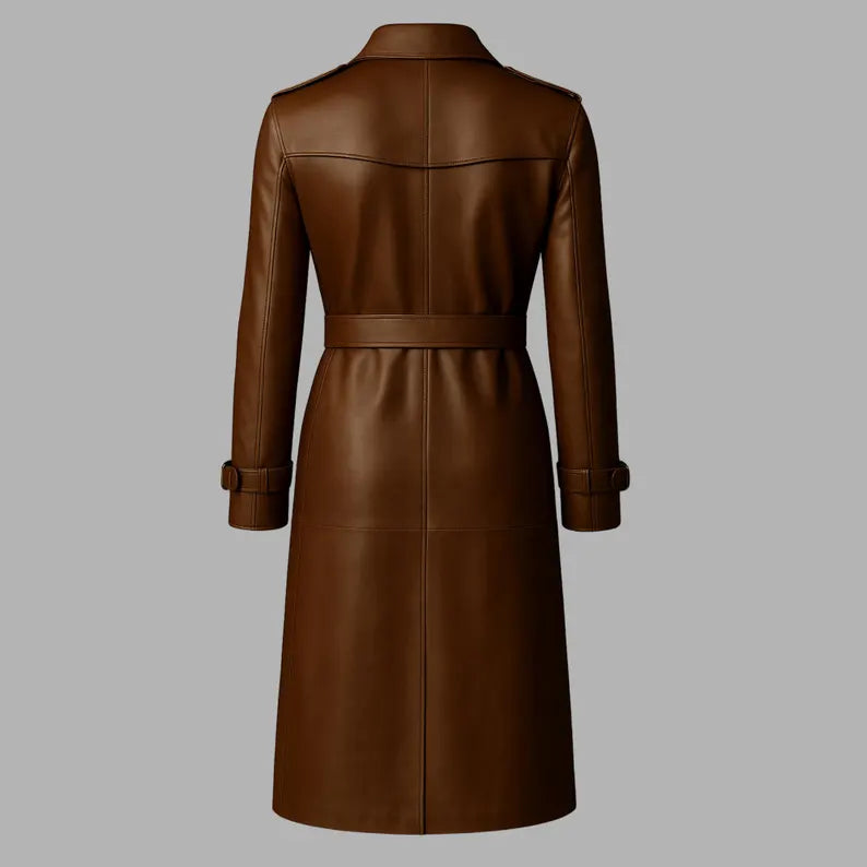 Women’s Brown Long Leather Trench Coat Handmade Genuine Leather Winter Overcoat, Vintage Belted Jacket