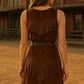 Women’s Western Suede Fringe Dress Cowgirl Style Sleeveless Brown Dress, Vintage Rodeo Outfit