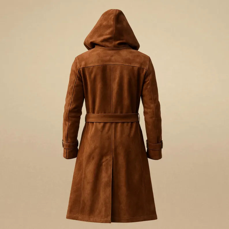 Men's Handmade Brown Suede Leather Hooded Trench Coat
