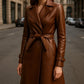 Women’s Brown Long Leather Trench Coat Handmade Genuine Leather Winter Overcoat, Vintage Belted Jacket