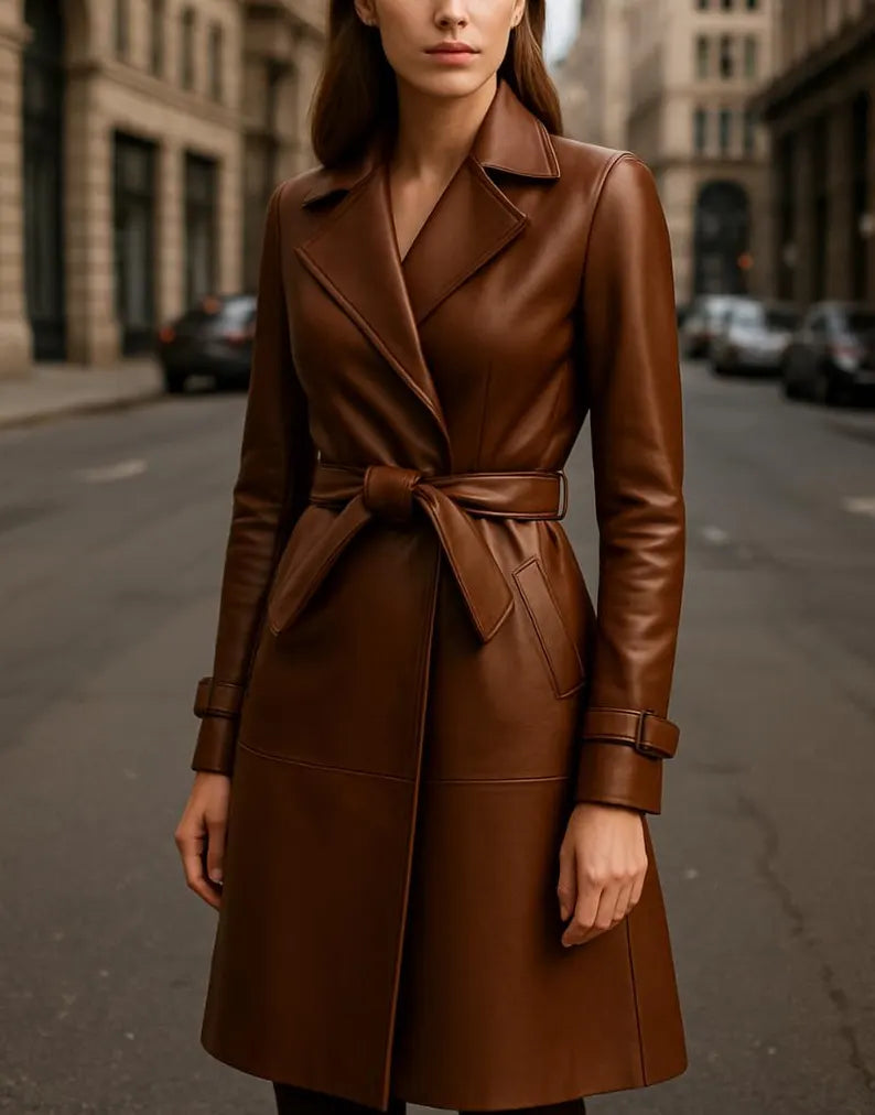 Women’s Brown Long Leather Trench Coat Handmade Genuine Leather Winter Overcoat, Vintage Belted Jacket