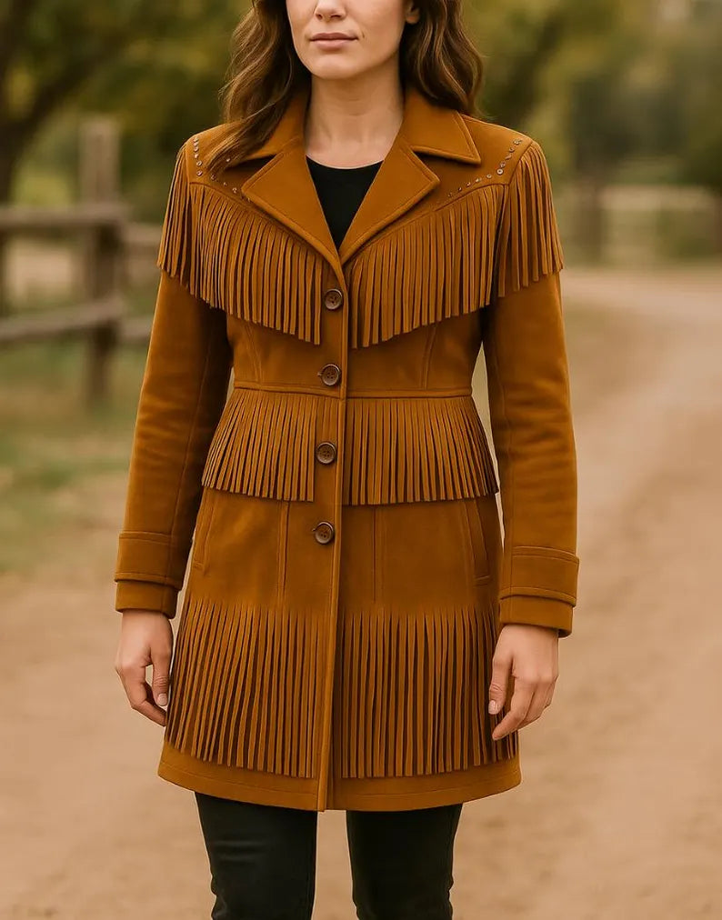 Women’s Studded Fringe Leather Jacket Western Cowgirl Boho Style Coat, Vintage Rodeo Festival Outfit