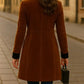 Women’s Brown Suede Trench Coat Elegant Long Overcoat with Black Lapel & Double Breasted Buttons