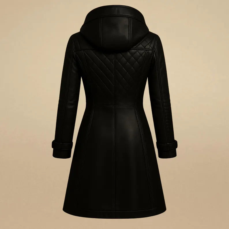 Handmade Black Leather Trench Coat: Quilted Hooded Winter Coat