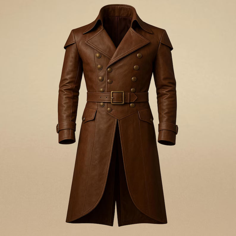 Handmade Brown Leather Trench Coat: Vintage Double Breasted Belted Jacket