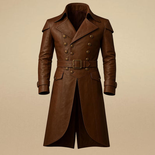 Handmade Brown Leather Trench Coat: Vintage Double Breasted Belted Jacket