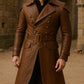 Handmade Brown Leather Trench Coat: Vintage Double Breasted Belted Jacket