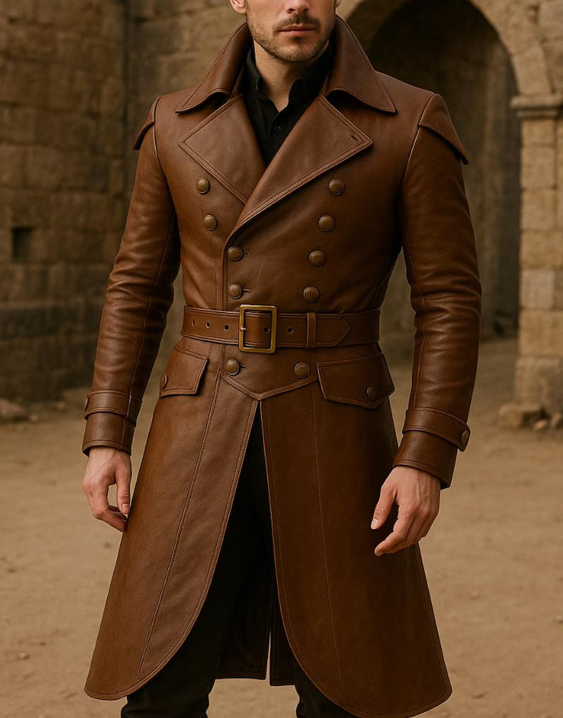 Handmade Brown Leather Trench Coat: Vintage Double Breasted Belted Jacket