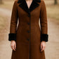 Handmade Brown Leather Coat: Women's Vintage Style with Black Faux Fur