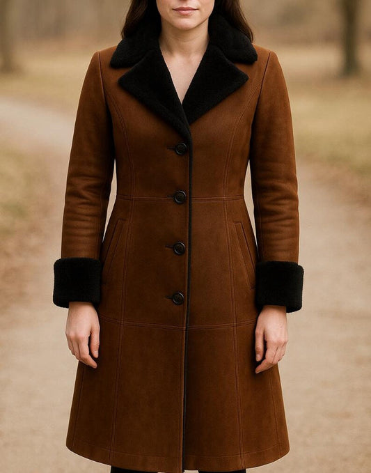 Handmade Brown Leather Coat: Women's Vintage Style with Black Faux Fur