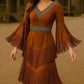 Handmade Western Suede Fringe Dress for Women Boho Cowgirl Maxi Dress with Southwestern Embroidery & V-Neck Design
