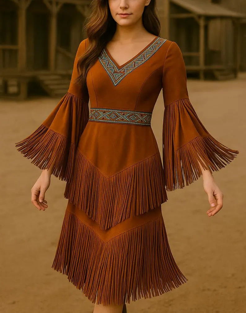 Handmade Western Suede Fringe Dress for Women Boho Cowgirl Maxi Dress with Southwestern Embroidery & V-Neck Design