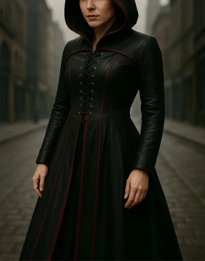Handmade Black Gothic Leather Hooded Coat for Women Long Trench Corset Jacket Dark Fantasy Cloak Medieval Witch Costume