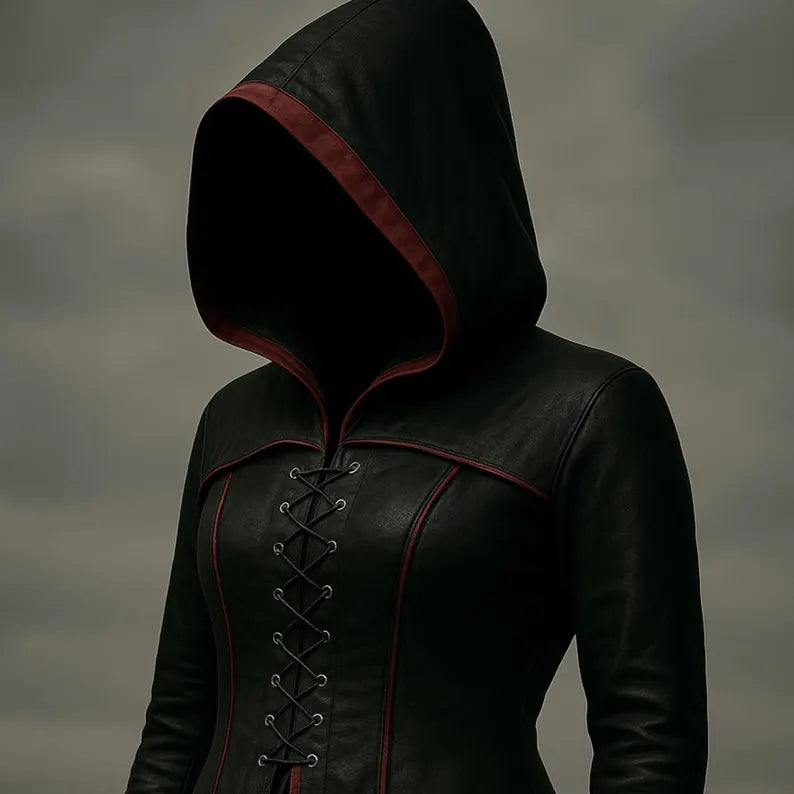 Handmade Black Gothic Leather Hooded Coat for Women Long Trench Corset Jacket Dark Fantasy Cloak Medieval Witch Costume