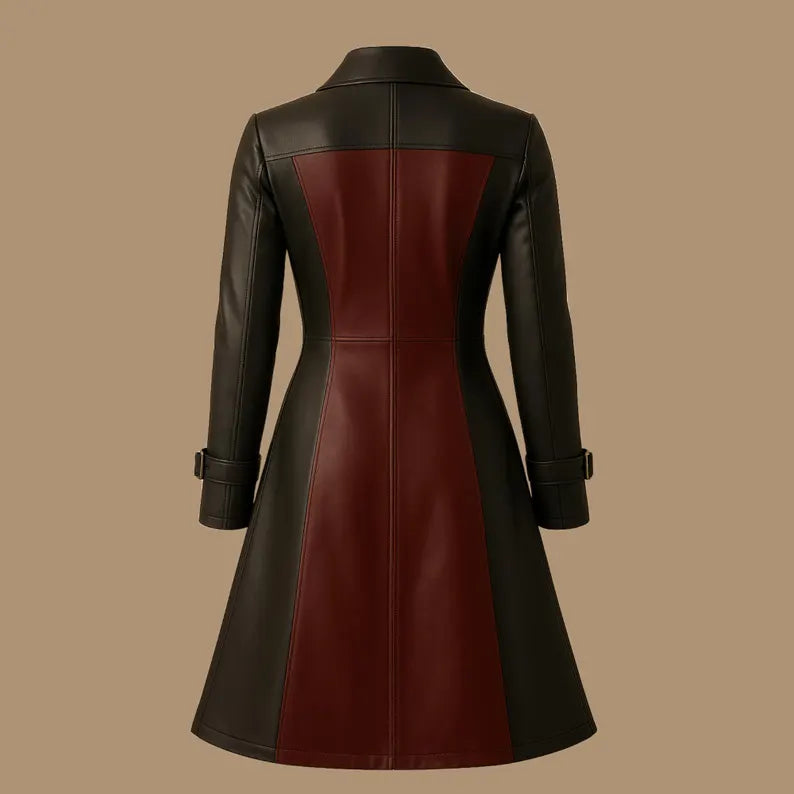 Handmade Two-Tone Leather Coat: Women's Buckle Trench, Gothic Fashion