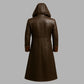 Handmade Two-Tone Brown Leather Trench Coat - Men's Gothic Hooded Overcoat