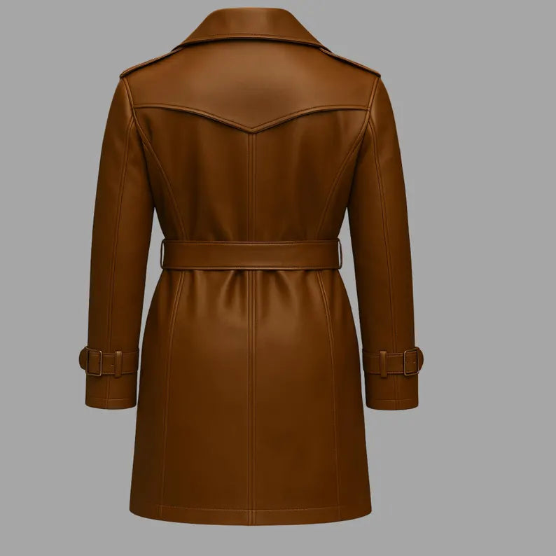 Handmade Brown Leather Trench Coat - Women's Classic Belted Jacket