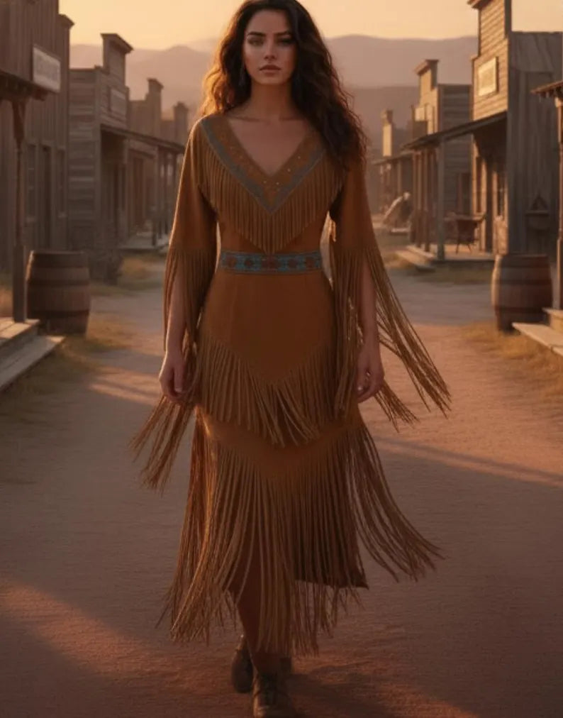 Handmade Tan Leather Fringe Dress Beaded Powwow Regalia, Western Native Style Outfit for Women