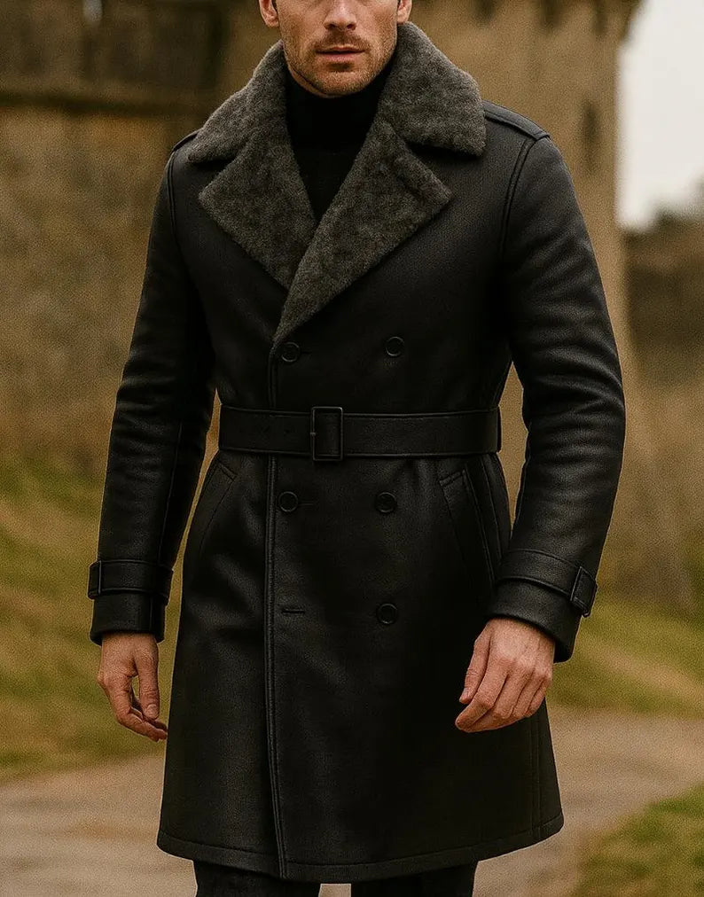 Handmade Black Leather Trench Coat: Men's Vintage Fur Collar Winter Jacket
