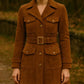 Women’s Suede Leather Coat Handmade Tan Suede Trench Jacket Genuine Leather Belted Coat Vintage Style Winter Outerwear
