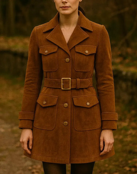 Women’s Suede Leather Coat Handmade Tan Suede Trench Jacket Genuine Leather Belted Coat Vintage Style Winter Outerwear