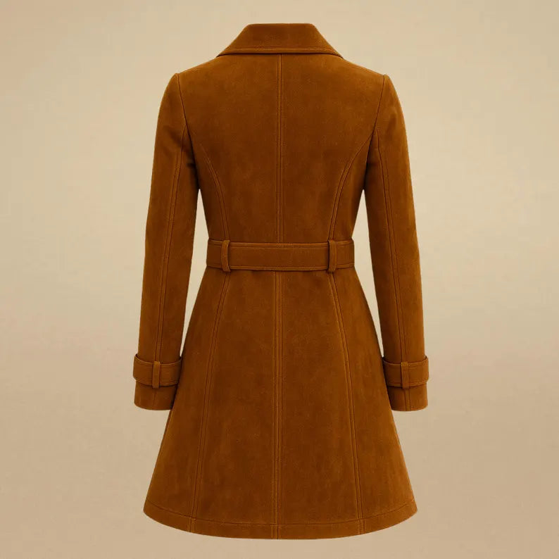 Women’s Suede Leather Coat Handmade Tan Suede Trench Jacket Genuine Leather Belted Coat Vintage Style Winter Outerwear