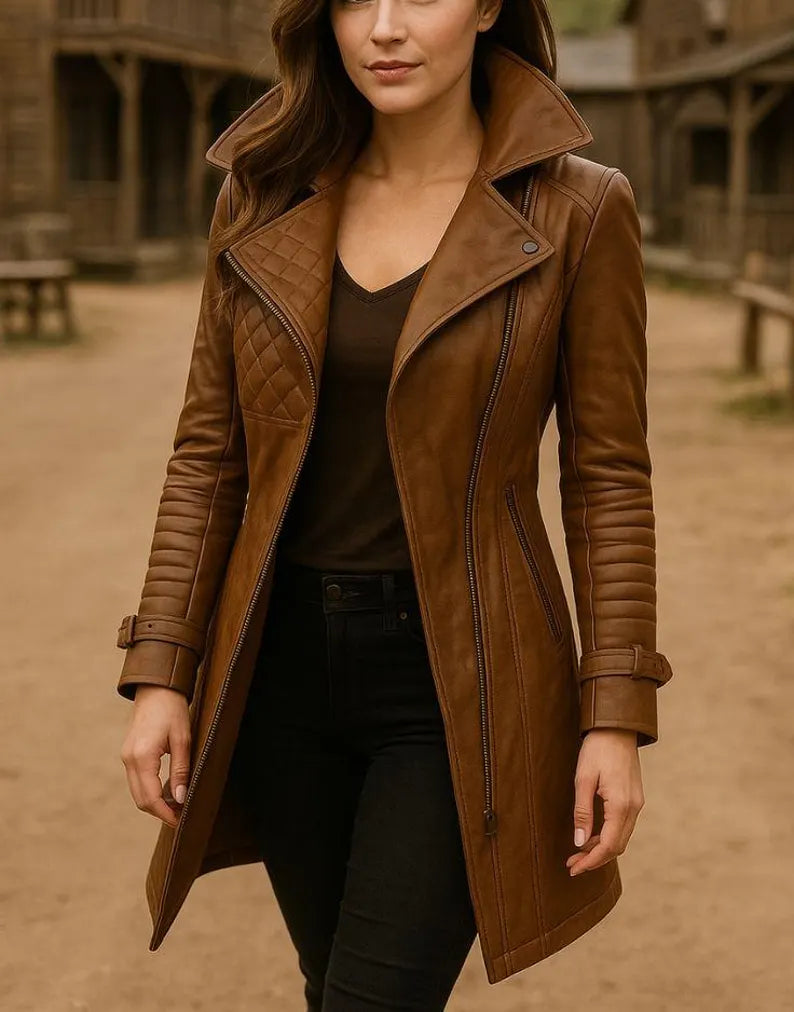 Women’s Distressed Hooded Leather Long Coat – Handmade Vintage Trench, Classic Retro Outerwear