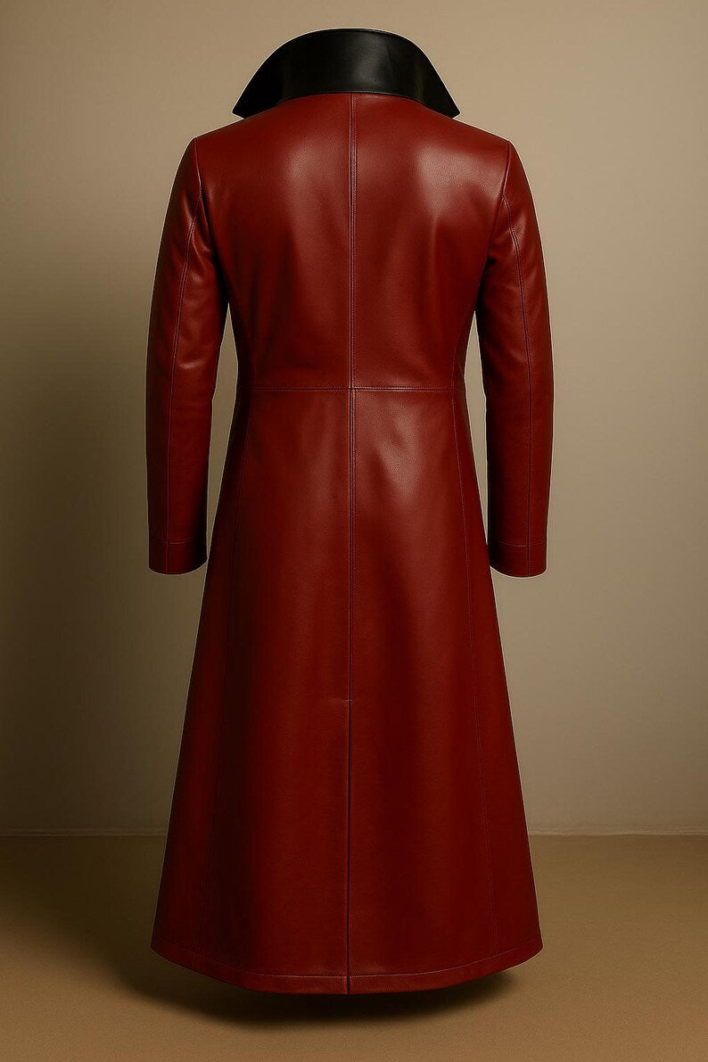 Handmade Red Leather Trench Coat Men’s Genuine Overcoat Christmas Gift