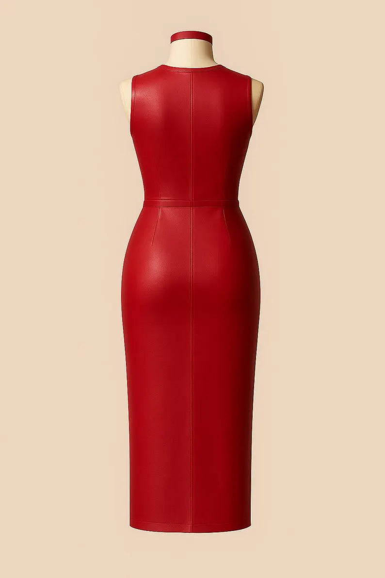 Handmade Red Leather Bodycon Dress: Elegant Party Outfit