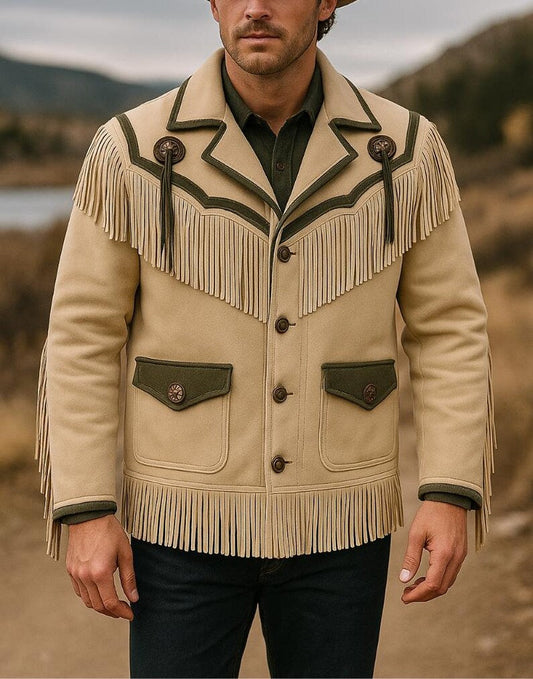 Men’s Western Fringe Jacket Beige Suede Cowboy jacket Vintage Rodeo Leather Style