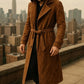Men's Handmade Brown Suede Leather Hooded Trench Coat